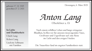 Traueranzeige von Anton Lang von Schwäbische Post