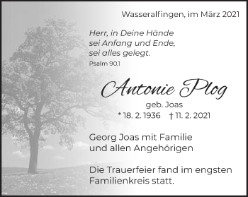 Traueranzeige von Antonie Plog von Schwäbische Post