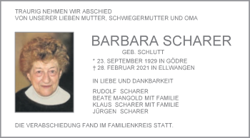 Traueranzeige von Barbara Scharer von Schwäbische Post