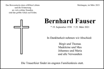Traueranzeige von Bernhard Fauser von Gmünder Tagespost