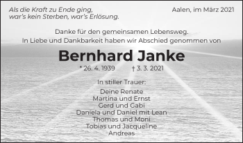 Traueranzeige von Bernhard Janke von Schwäbische Post