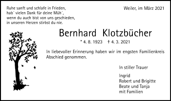 Traueranzeige von Bernhard Klotzbücher von Gmünder Tagespost