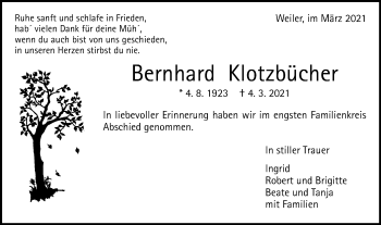 Traueranzeige von Bernhard Klotzbücher