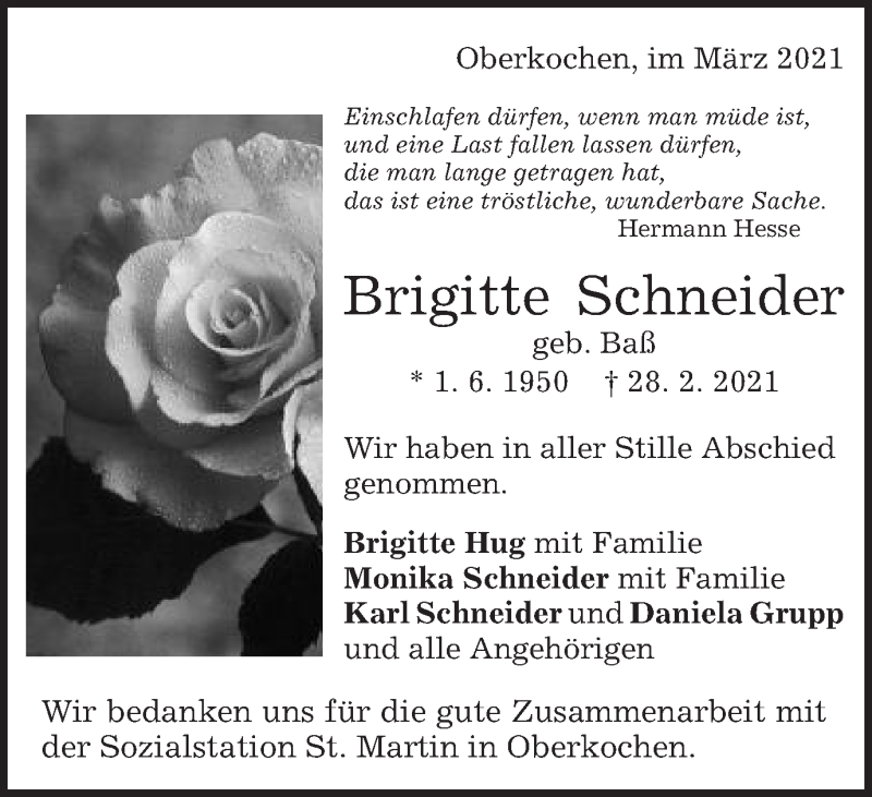  Traueranzeige für Brigitte Schneider vom 12.03.2021 aus Amtsblatt_Oko