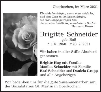 Traueranzeige von Brigitte Schneider von Amtsblatt_Oko