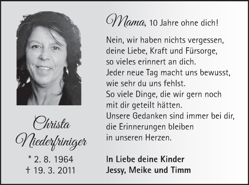  Traueranzeige für Christa Niederfriniger vom 19.03.2021 aus Schwäbische Post