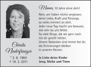 Traueranzeige von Christa Niederfriniger von Schwäbische Post