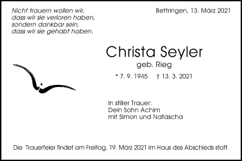 Traueranzeige von Christa Seyler von Gmünder Tagespost