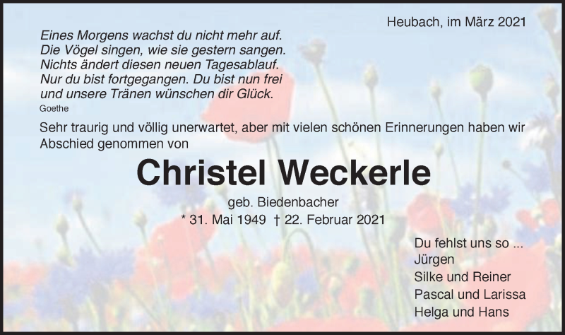  Traueranzeige für Christel Weckerle vom 05.03.2021 aus Gmünder Tagespost