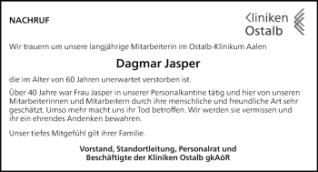 Traueranzeige von Dagmar Jasper von Schwäbische Post