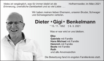Traueranzeige von Dieter Benkelmann von Schwäbische Post