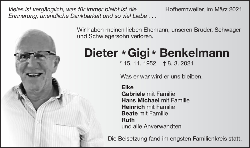  Traueranzeige für Dieter Benkelmann vom 20.03.2021 aus Schwäbische Post