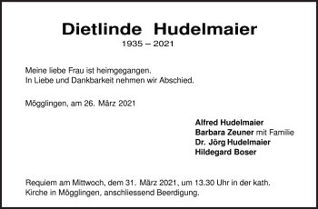 Traueranzeige von Dietlinde Hudelmaier von Gmünder Tagespost