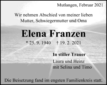 Traueranzeige von Elena Franzen von Gmünder Tagespost