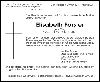 Traueranzeige von Elisabeth Forster von Gmünder Tagespost