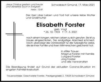 Traueranzeige von Elisabeth Forster