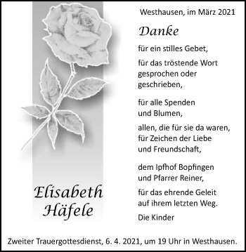 Traueranzeige von Elisabeth Häfele von Schwäbische Post