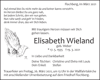 Traueranzeige von Elisabeth Wieland von Bopfinger Stadtanzeiger