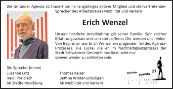 Traueranzeige von Erich Wenzel von Gmünder Tagespost