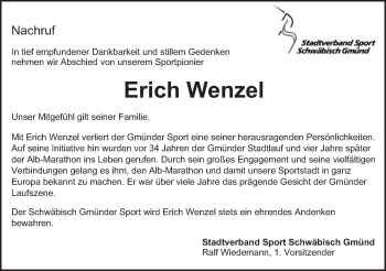 Traueranzeige von Erich Wenzel von Gmünder Tagespost