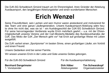 Traueranzeige von Erich Wenzel von Gmünder Tagespost
