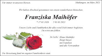 Traueranzeige von Franziska Maihöfer von Gmünder Tagespost