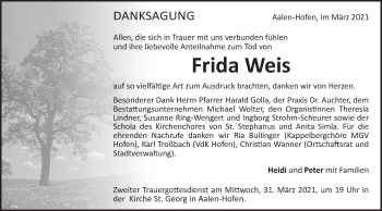 Traueranzeige von Frida Weis von Schwäbische Post