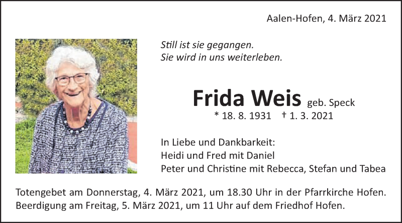  Traueranzeige für Frida Weis vom 04.03.2021 aus Schwäbische Post