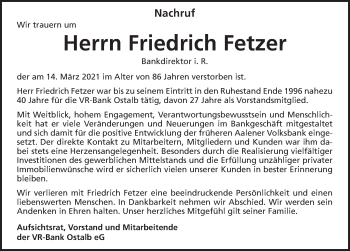 Traueranzeige von Friedrich Fetzer von Schwäbische Post