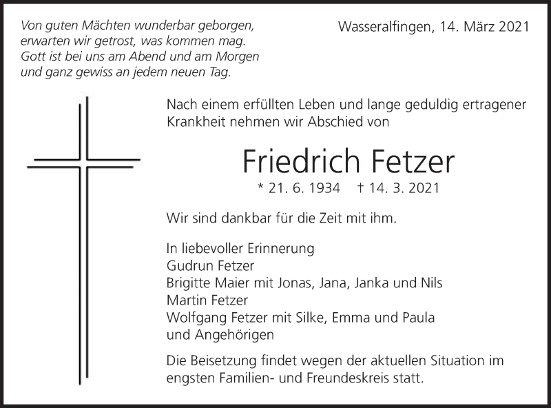  Traueranzeige für Friedrich Fetzer vom 17.03.2021 aus Schwäbische Post