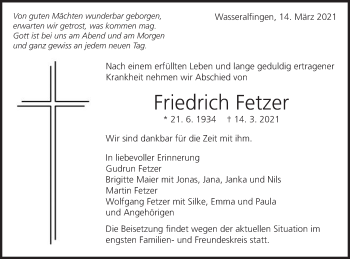 Traueranzeige von Friedrich Fetzer von Schwäbische Post