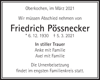 Traueranzeige von Friedrich Pössnecker von Schwäbische Post