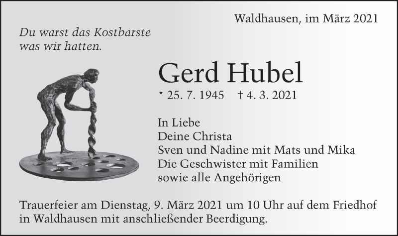  Traueranzeige für Gerd Hubel vom 06.03.2021 aus Schwäbische Post