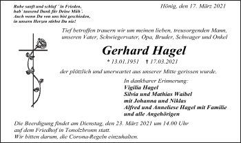 Traueranzeige von Gerhard Hagel von Gmünder Tagespost