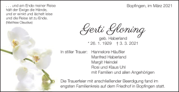 Traueranzeige von Gerti Gloning von Schwäbische Post