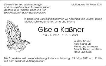 Traueranzeige von Gisela Kaßner von Gmünder Tagespost