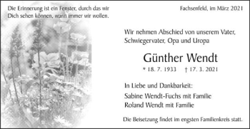 Traueranzeige von Günther Wendt von Schwäbische Post