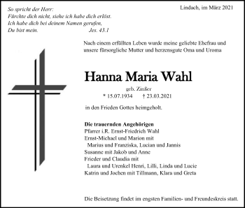 Traueranzeige von Hanna Maria Wahl von Gmünder Tagespost