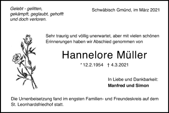 Traueranzeige von Hannelore Müller von Gmünder Tagespost