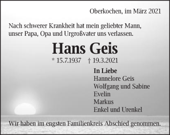 Traueranzeige von Hans Geis von Schwäbische Post