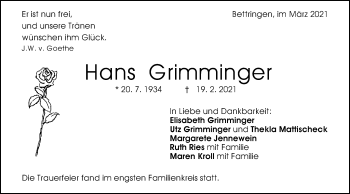 Traueranzeige von Hans Grimminger von Gmünder Tagespost