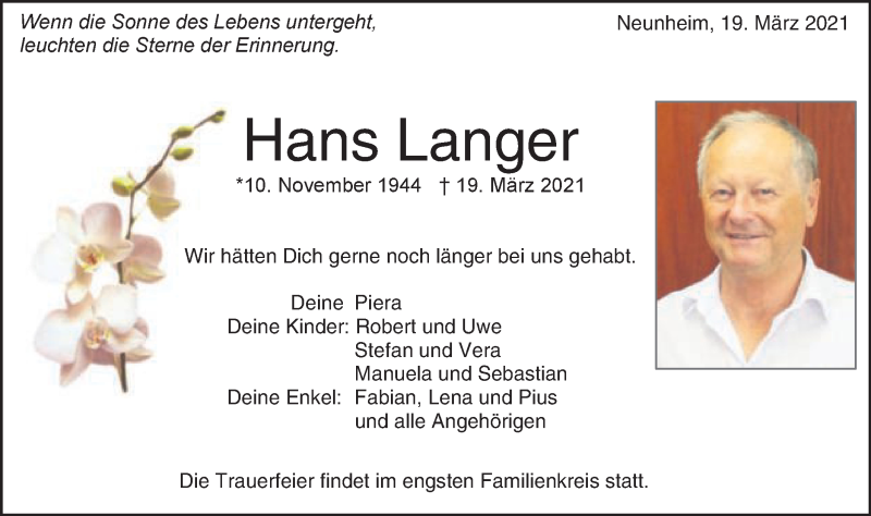  Traueranzeige für Hans Langer vom 23.03.2021 aus Schwäbische Post
