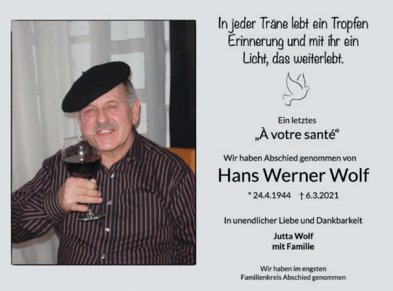  Traueranzeige für Hans Werner Wolf vom 16.03.2021 aus Schwäbische Post