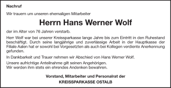 Traueranzeige von Hans Werner Wolf von Schwäbische Post