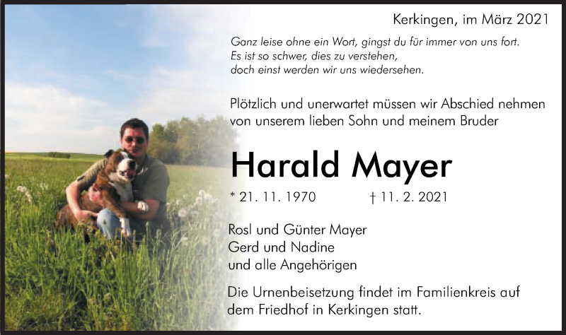  Traueranzeige für Harald Mayer vom 02.03.2021 aus Schwäbische Post