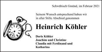 Traueranzeige von Heinrich Köhler von Gmünder Tagespost
