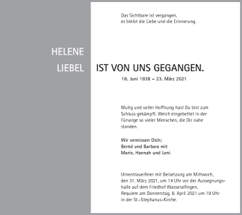 Traueranzeige von Helene Liebel von Schwäbische Post