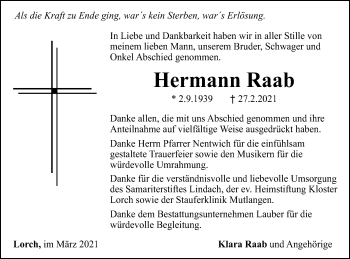 Traueranzeige von Hermann Raab von Gmünder Tagespost