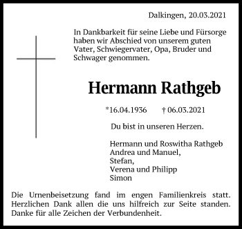 Traueranzeige von Hermann Rathgeb von Schwäbische Post