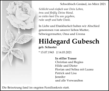 Traueranzeige von Hildegard Gubesch von Gmünder Tagespost